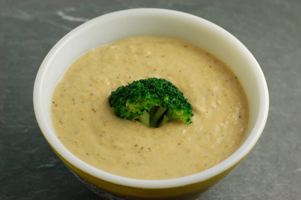 vegan broccoli cheese soup in a bowl