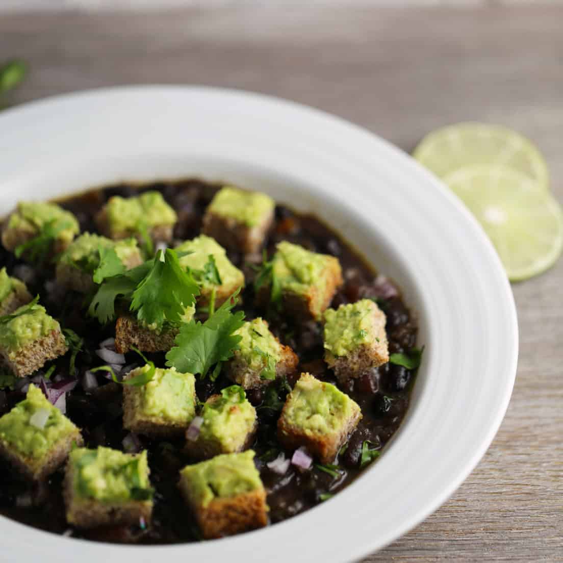 Instant Pot Black Bean Soup with Avocado Croutons One Bite Vegan