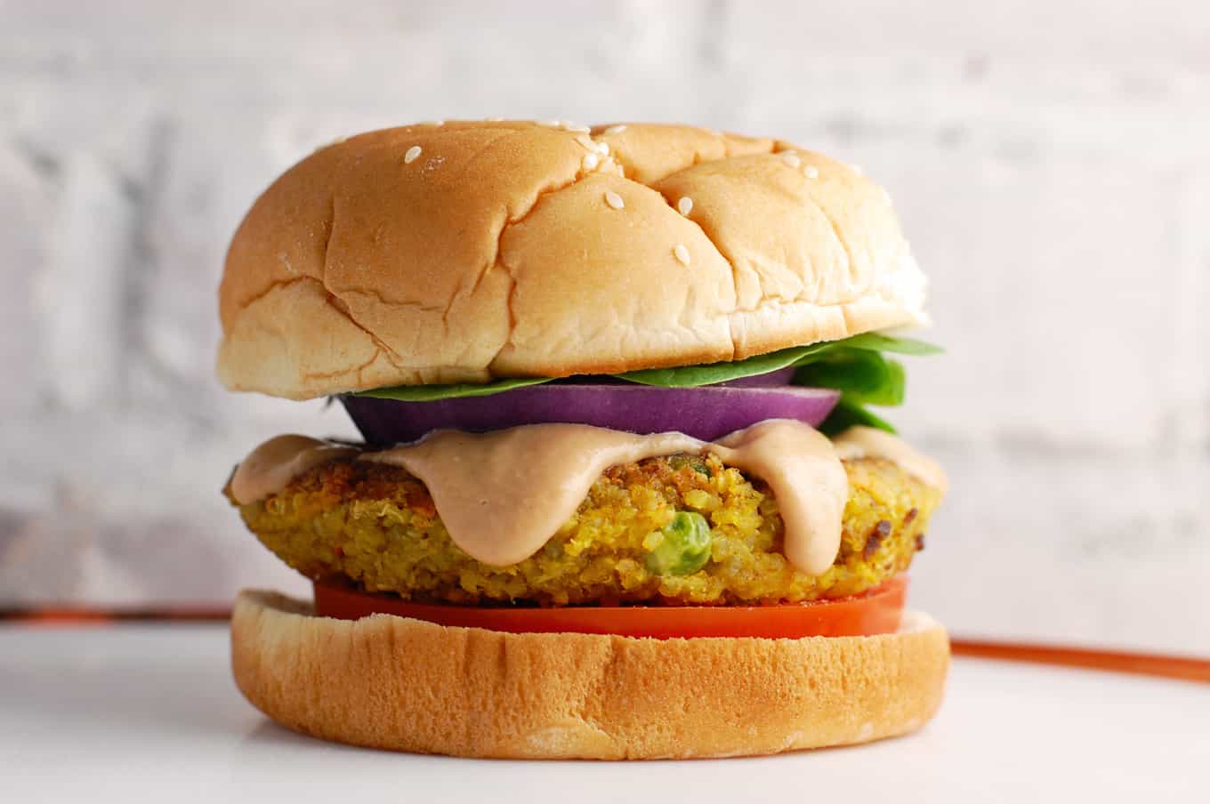 Quinoa, Pea, and Carrot Burger. High protein vegan burger recipe