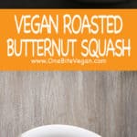 Vegan butternut squash. Butternut squash is cut in half and roasted in the oven for 45 minutes. Then scooped out and mixed with soy butter, maple syrup, and spices.