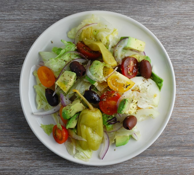 vegan greek salad with avocado