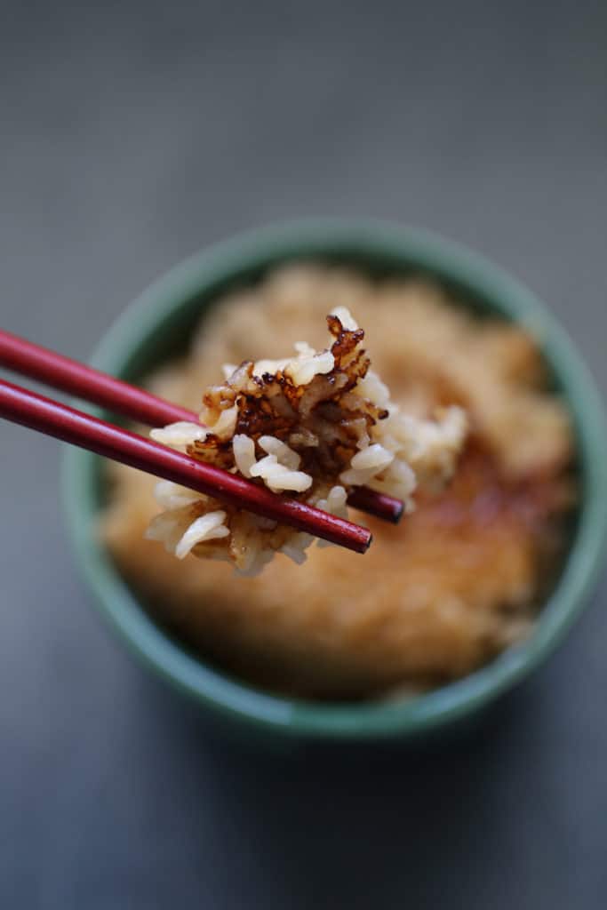 kombu dashi simmered rice in chop sticks