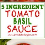 Easy 5 ingredient tomato basil sauce. Ready in 1 hour 15 minutes, this tomato basil sauce is perfect for pasta or any dish calling for tomato sauce.