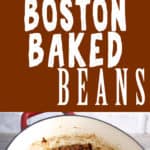 Vegan Boston baked beans. Navy beans with molasses, maple syrup, garlic, mustard, onion, and tomato then baked in the oven for 6 hours at low temperature.