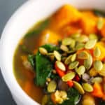Chunky sweet potato and sweet pepper soup. Delicious low-calorie soup made sweet potatoes, sweet bell peppers, portobello mushrooms, kale, and chickpeas. Made simply in one pot in under an hour.