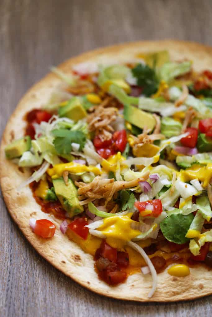 Vegan Tostada with Jackfruit, Avocado, Salsa, and Cheezy Sauce | One ...