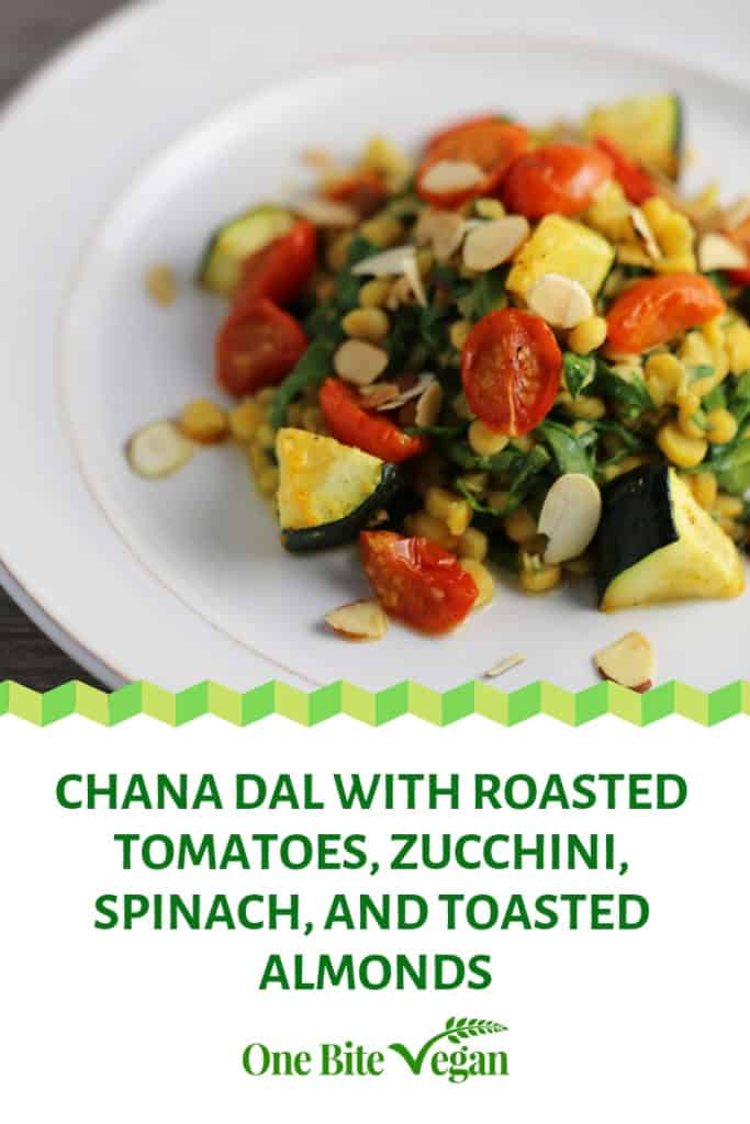 Chana Dal with Roasted Tomatoes, Zucchini, Spinach, and Toasted Almonds from One Bite Vegan