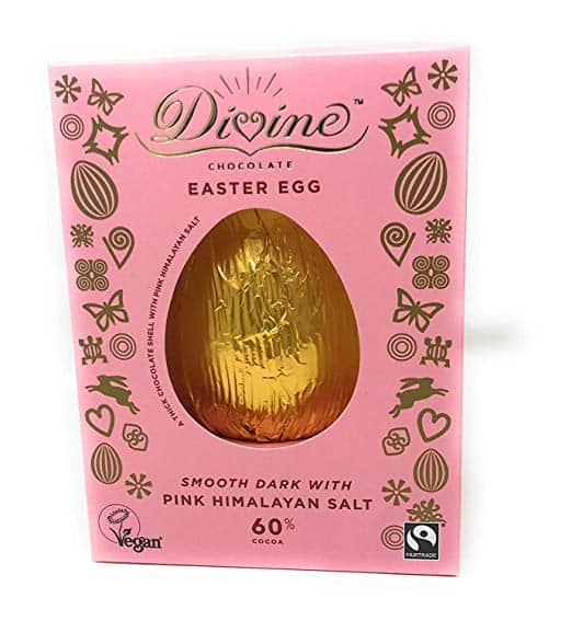 A dark chocolate Easter egg flavored with pink himalayan salt from Divine