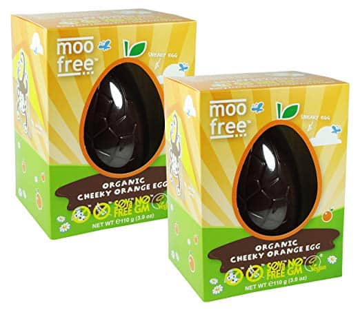 2 Moo Free vegan chocolate Easter Eggs that are orange flavored