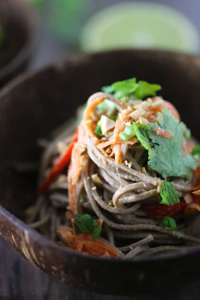 A bowl of Soba Noodles Bowl with Shredded Carrot, Peanuts, and Fresh Herbs
