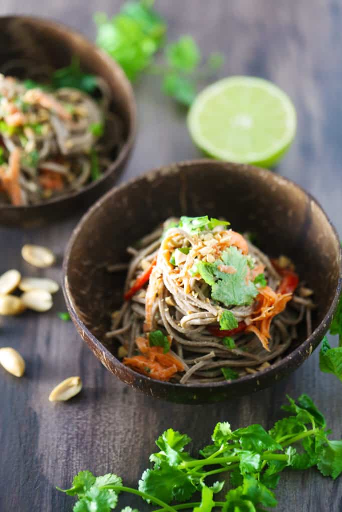 Soba Noodles Bowl with Shredded Carrot, Peanuts, and Fresh Herbs One