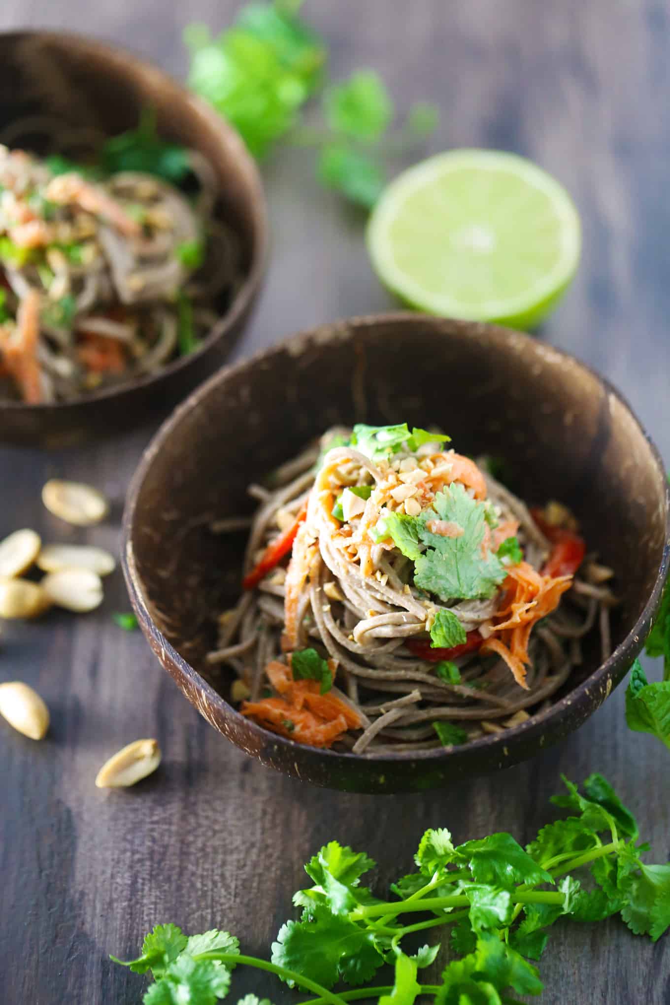 A bowl of Soba Noodles Bowl with Shredded Carrot, Peanuts, and Fresh Herbs