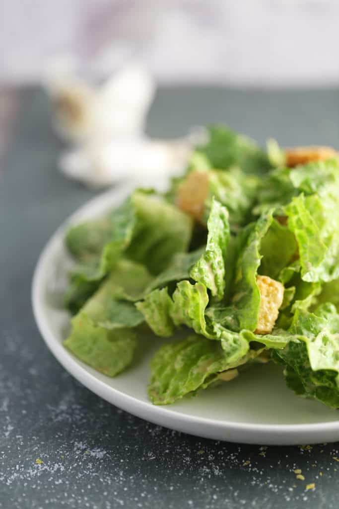 A plate of vegan Caesar salad