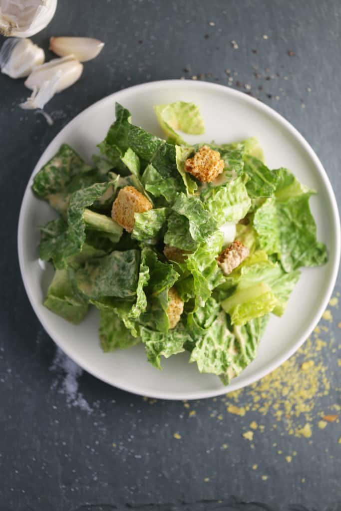 A plate of vegan Caesar salad