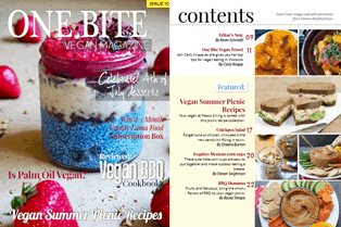 The front cover and contents page of One Bite Vegan Magazine