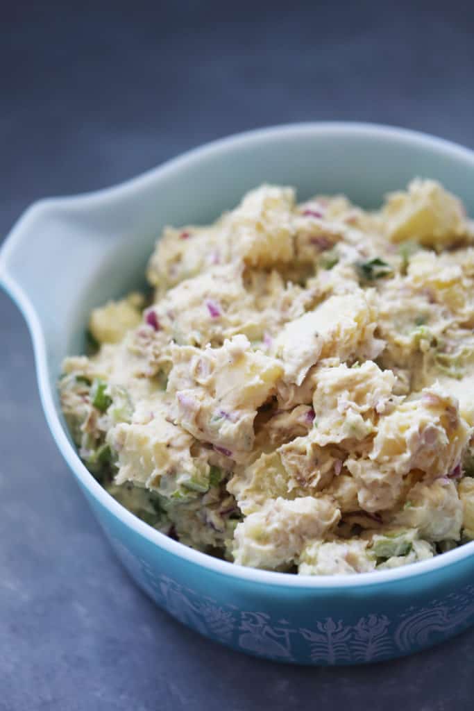 Vegan potato salad in a bowl.