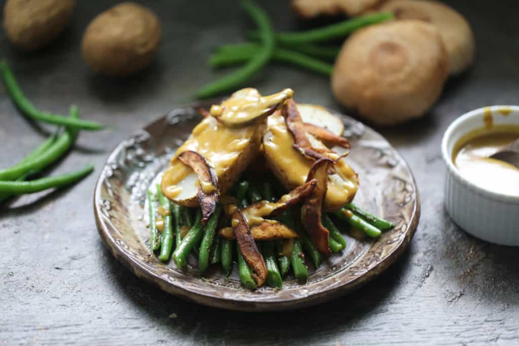 Baked Potato, Green Beans, and Shiitake Mushrooms with Curry Miso Sauce
