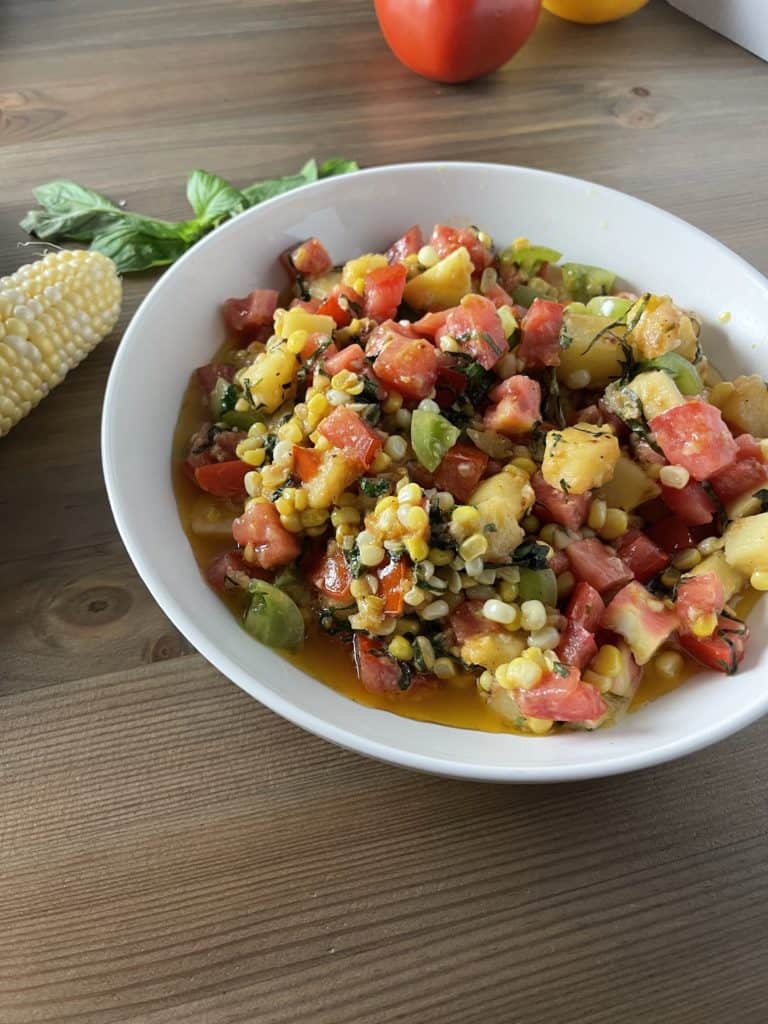Pan Roasted Corn, Tomatoes, and Potatoes with Miso Basil Butter One
