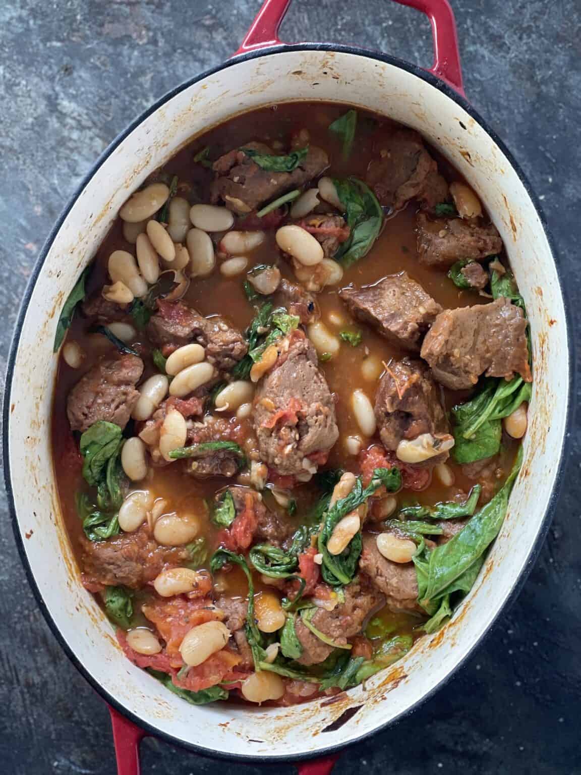 Braised Seitan with Roasted Tomatoes and Cannellini Beans One Bite Vegan